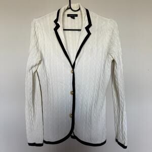 Lands End Womens Sweater Small White Contrast Trim Schoolgirl Coastal Preppy